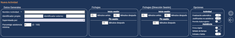 Opciones nueva actividad